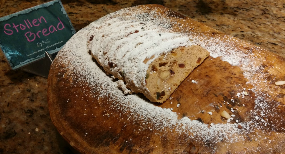 Cafe Marco's version of the fruitcake is stollen bread. Stollen is a traditional German cake.