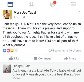 APOLOGY NOT NEEDED. Olympian Hidilyn Diaz tries to cheer Mary Joy Tabal up after the Cebuano posted an apology in Facebook.