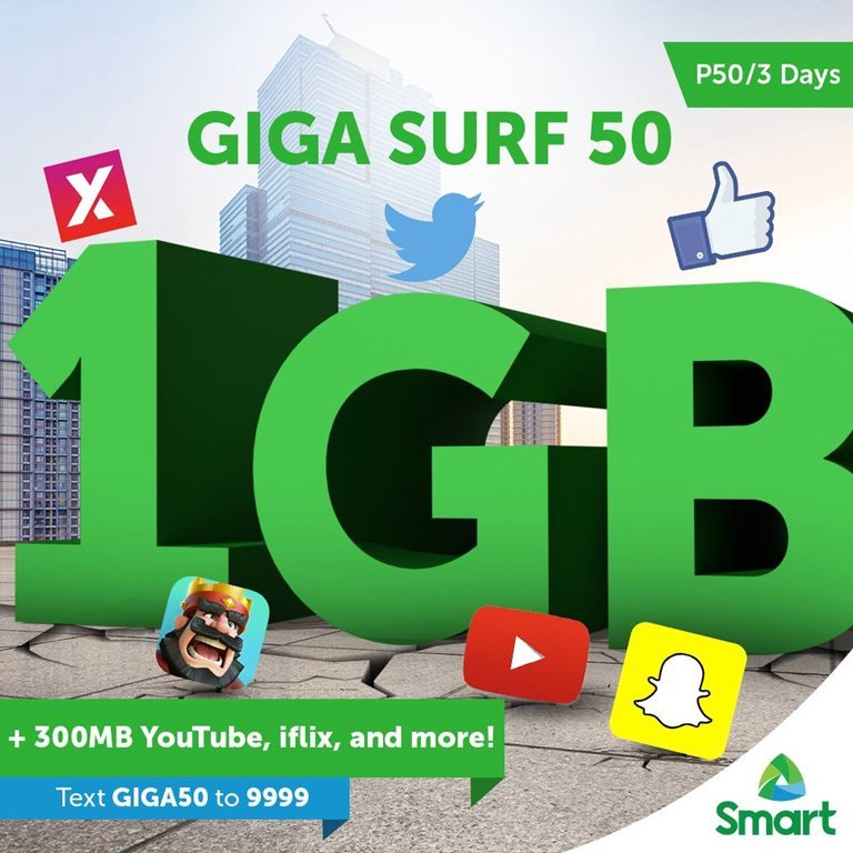 Smart GigaSurf50 offers 1GB data for P50