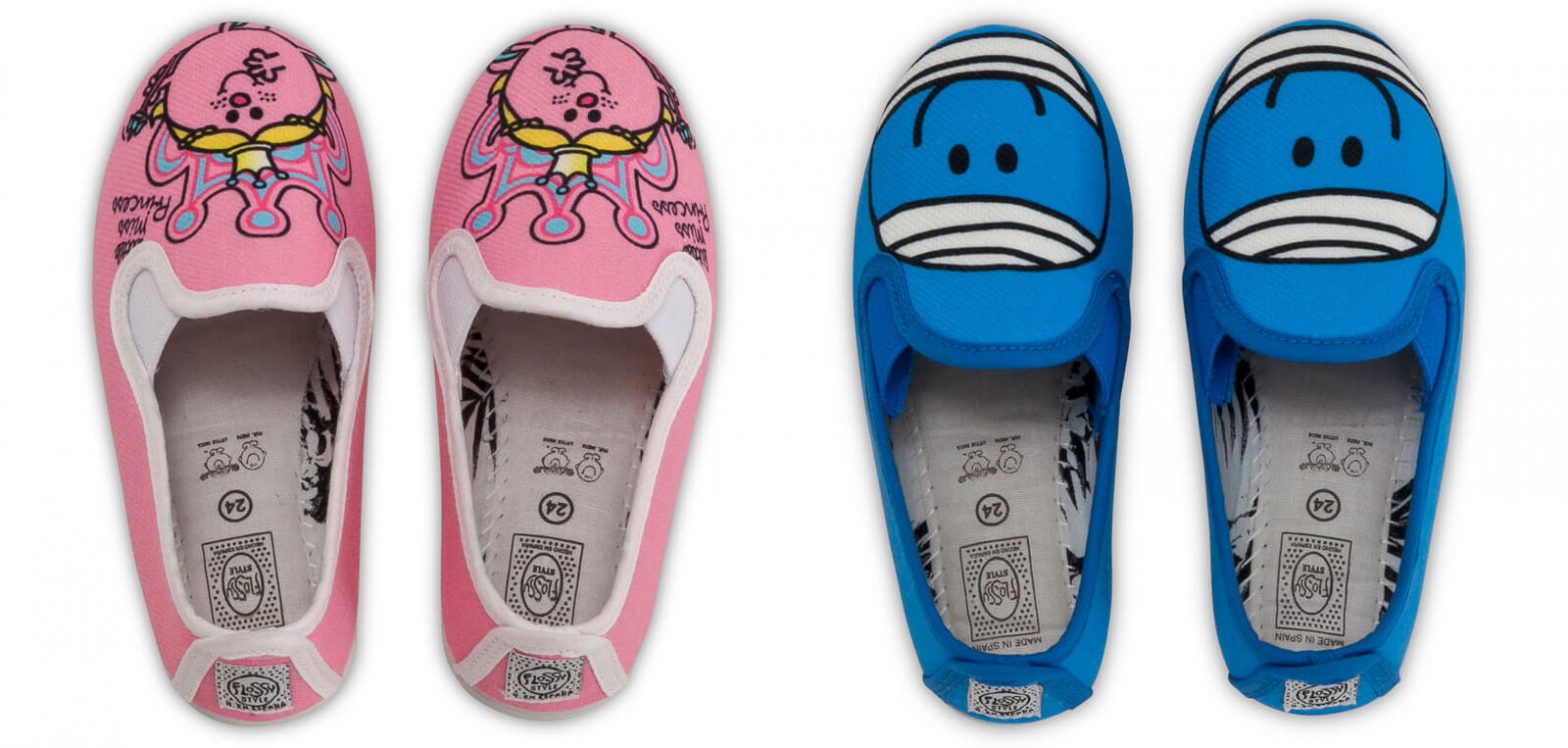 Colorful Mr. Men Little Miss characters on your favorite Flossy plimsolls