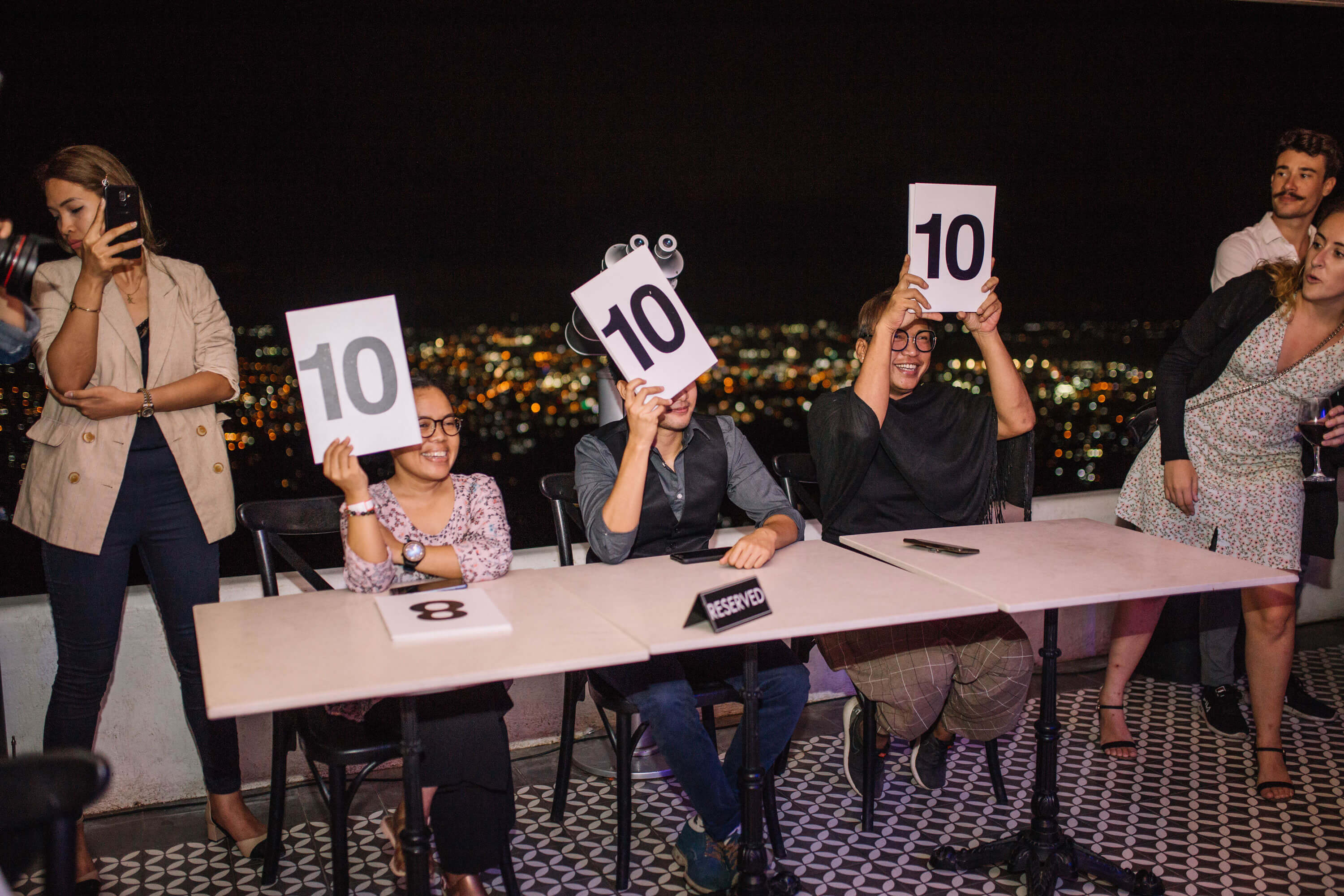 PERFECT SCORE!  Moulin Rouge Realness judges (from left), ClickCebu’s Niza Marinas; Van Go, co-founder of the first transman association in the Visayas and Mindanao; Project Runway Philippines alum Mel Maria hand a rare perfect 10 across the board.