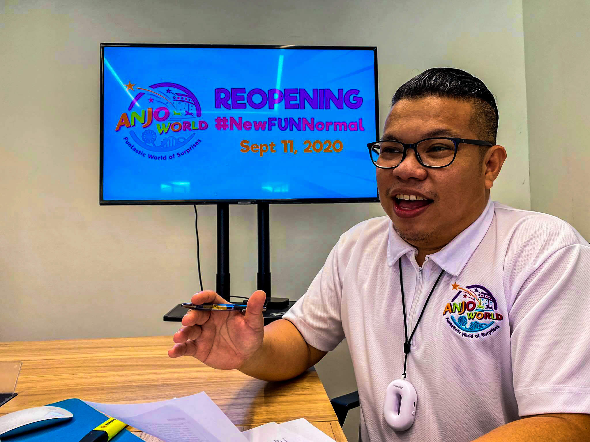 Cedric Reyes, Head of Sales, Marketing and Press Relations of Anjo World, presents the health and safety measures being implemented at the park.