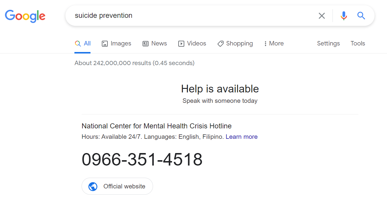 Google Search directs people to suicide prevention hotline