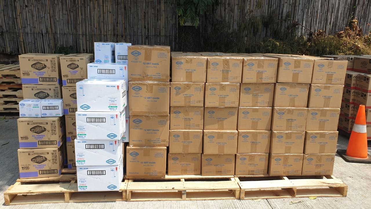 Clorox Packages containing over 2,520 Clorox Disinfecting wipes at the Angat Buhay Headquarters.