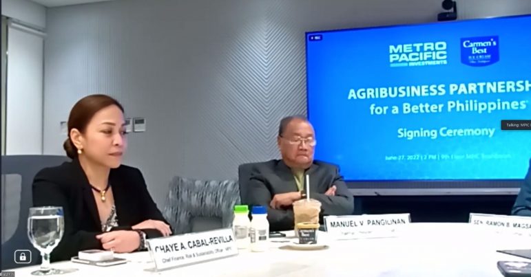 AGRI INVESTMENT. MPIC Chairman, President, and Chief Executive Officer, Manuel V. Pangilinan with Chief Finance Officer Chaye Cabal-Revilla during the announcement.