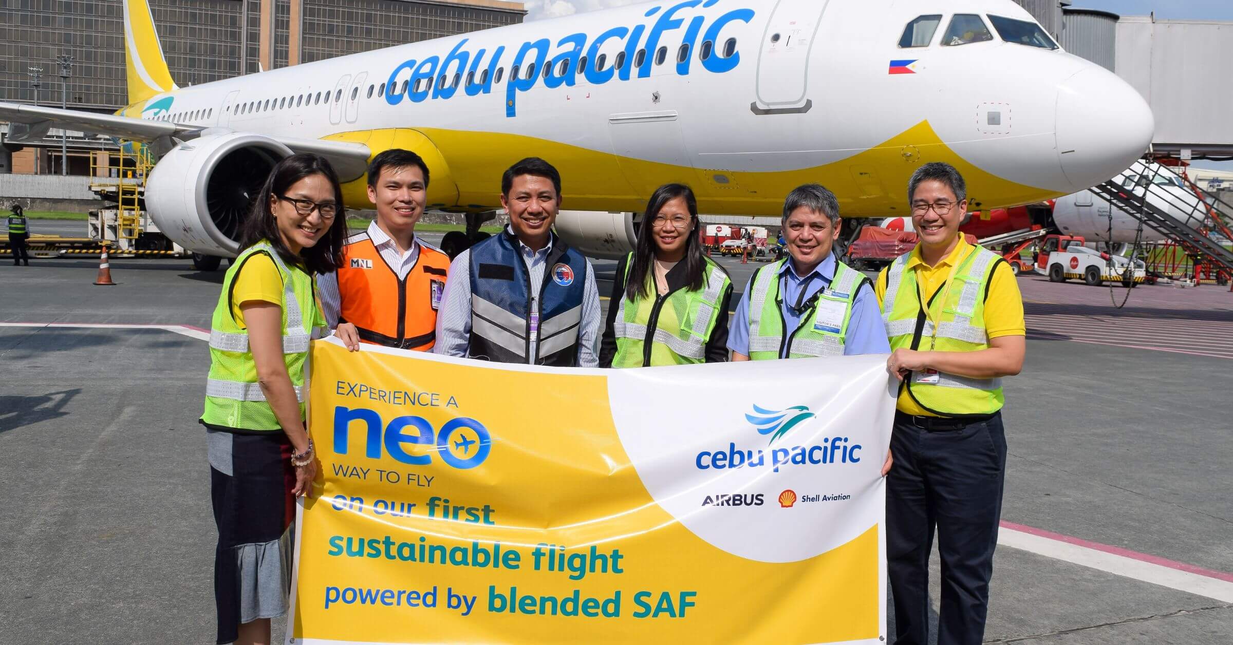 SUSTAINABLE AVIATION FUEL. (From left) Candice Iyog, VP for Marketing and Customer Experience, CEB; Bryan Co, Senior Assistant General Manager, MIAA; Cesar Chiong, General Manager, MIAA; Atty. Clarabel Anne R. Lacsina, Attorney IV, Acting Board Secretary, CAB; Capt. Florendo Jose Aquino III, Acting Chief of the Flight Operations Department, CAAP; Xander Lao, Chief Commercial Officer, CEB mark the Singapore to Manila passenger flight powered by sustainable aviation fuel (SAF).