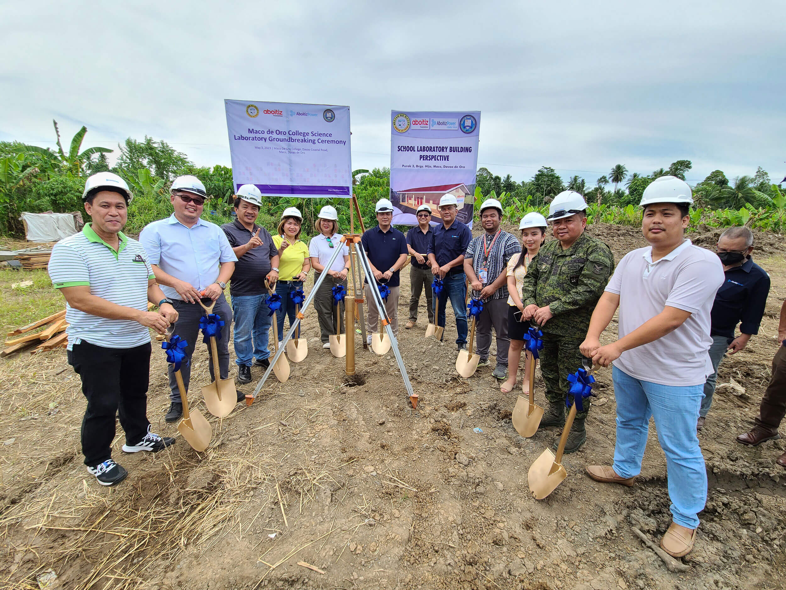Groundbreaking for new science laboratory. Leading the ceremony are leaders from AboitizPower Thermal Group, Aboitiz Foundation Inc., 1001st Infantry PAG-ASA Brigade, and Municipality of Maco, together with Maco de Oro College administrators.
