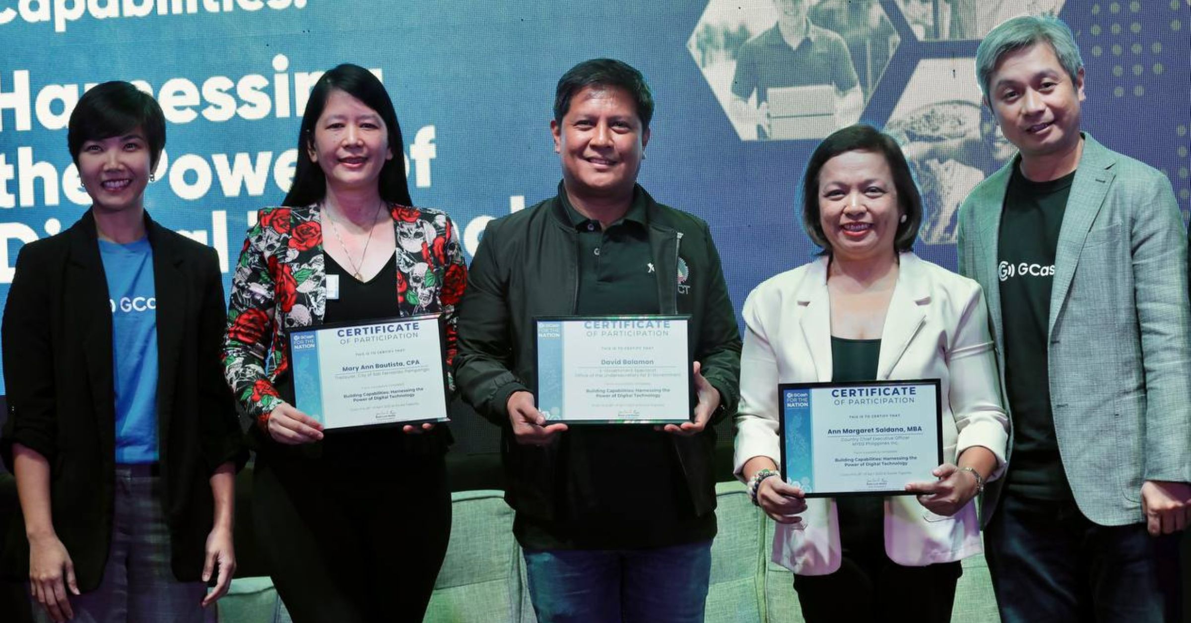 INNOVATIONS. (From left) AVP for Public Sector Partnerships Cathlyn Pavia, San Fernando City treasurer Mary Ann Bautista, Department of Information and Communications Technology e-government specialist David Balamon, MyEG Philippines, Inc. CEO Ann Margaret Saldana, and Vice President for Commercial Operations Luigi Reyes.